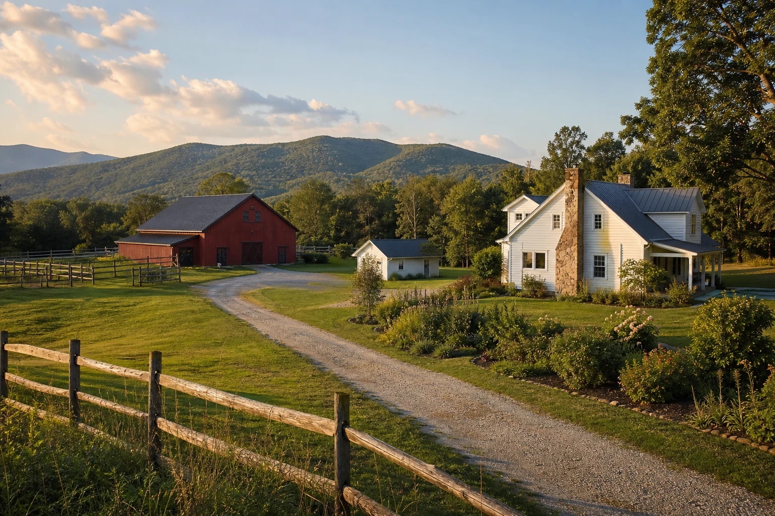 Farm outbuildings at golden hour